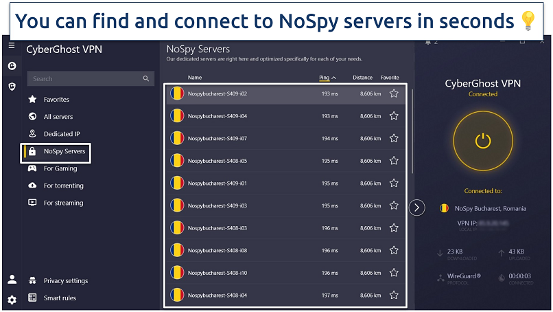 A screenshot of the CyberGhost Windows app with its NoSpy servers highlighted.