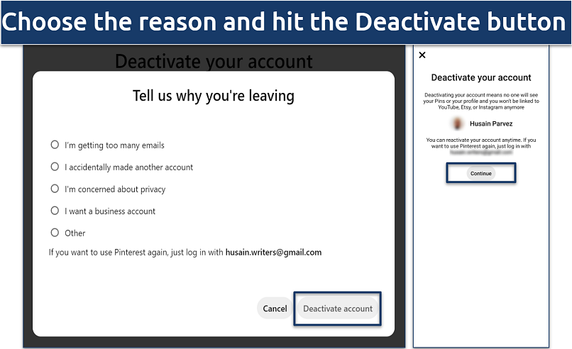 A screenshot of Pinterest's account deactivation page