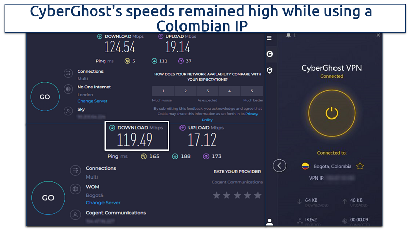 A screenshot showing the average speed difference while using CyberGhost's Colombian servers