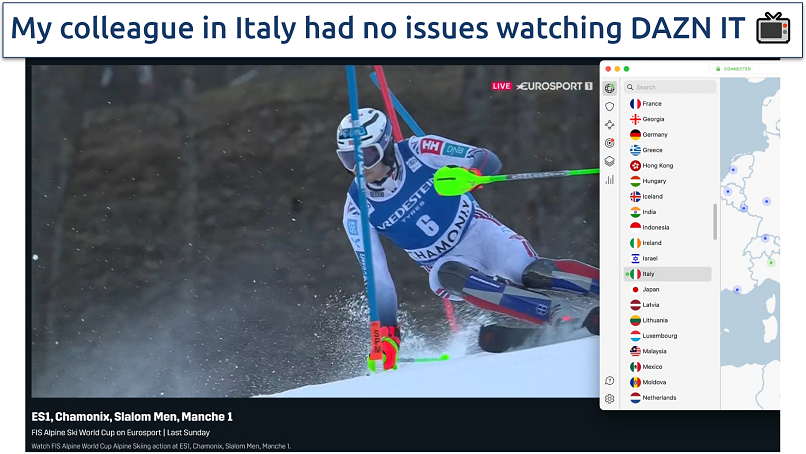 Screenshot of the NordVPN app connected to a server in Italy while streaming skiing on DAZN