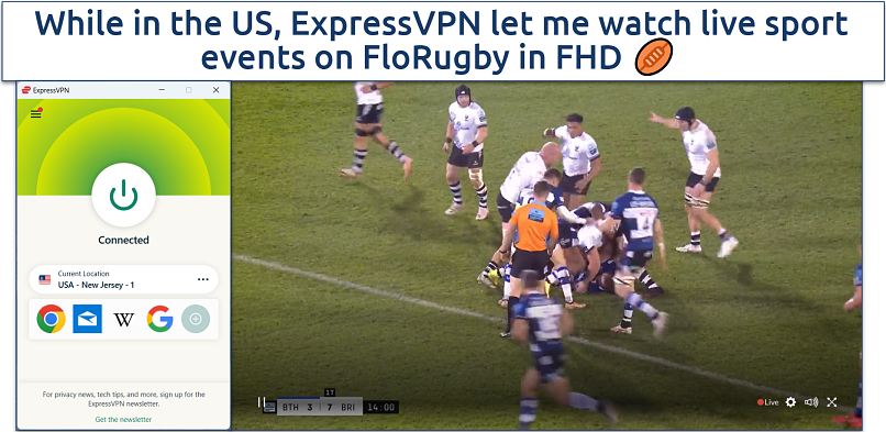 A screenshot showing ExpressVPN connected to a US server that works with FloRugby