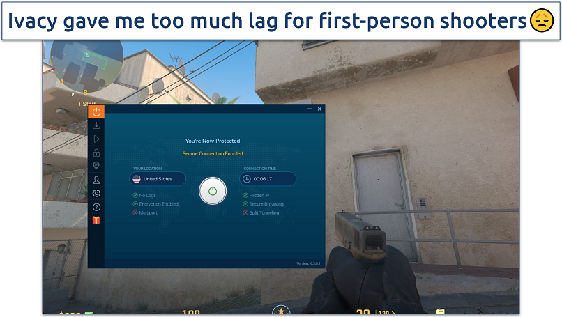 Screenshot of Steam running Counter Strike 2 while connected to Ivacy's Miami server