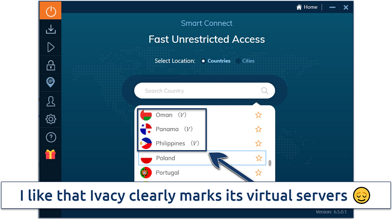 Screenshot of Ivacy's Windows app highlighting the virtual locations in its server list