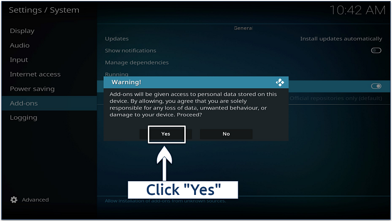 A screenshot showing how to confirm your settings changes in Kodi