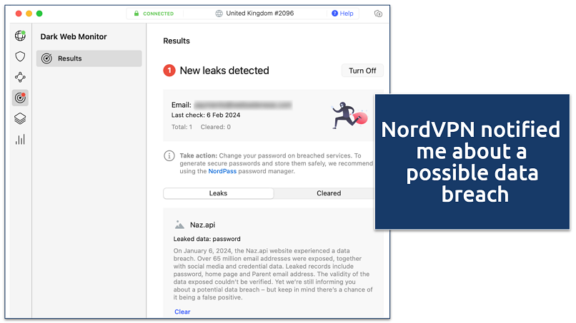 screenshot of the Dark Web Monitor leaks detector in the NordVPN app