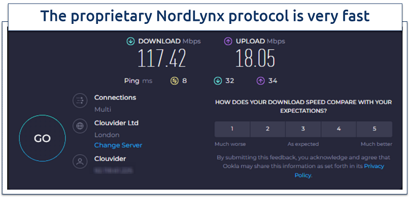 NordVPN speed test results on a UK server