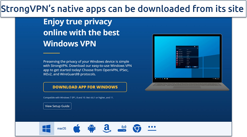 Screenshot of StrongVPN's download page for the Windows app 