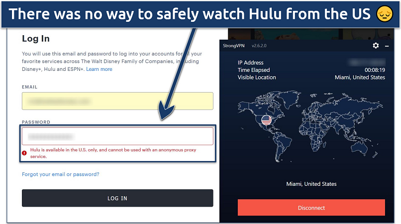 Screenshot of Hulu login page showing an error message while connected to StrongVPN's Miami server