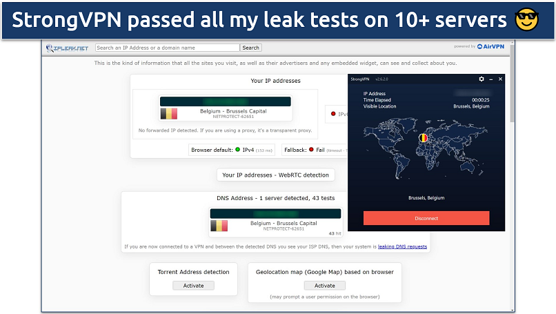 Screenshot of a leak test done on ipleak.net while connected to StrongVPN's Belgium server