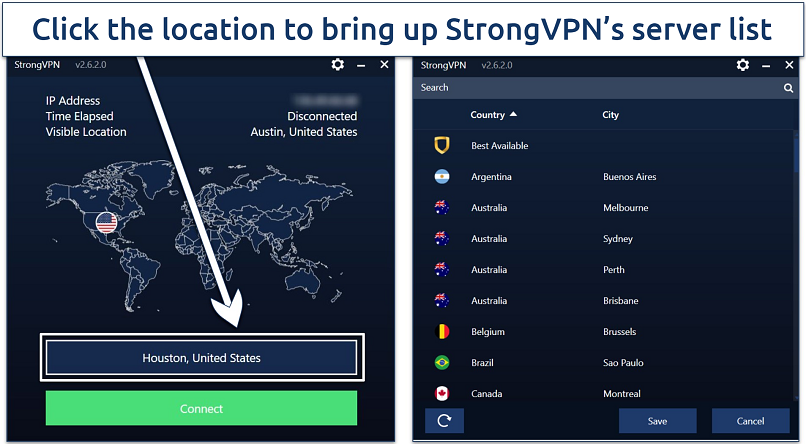 Screenshot of StrongVPN's Windows app highlighting where to find its server list