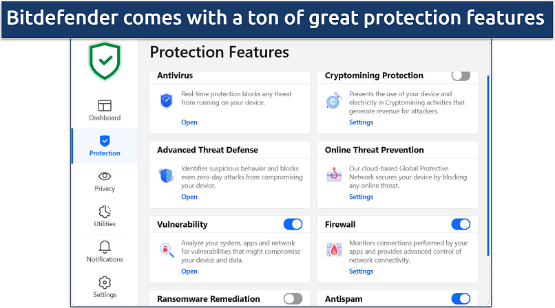 A screenshot showing Bitdefender comes with a ton of great protection features