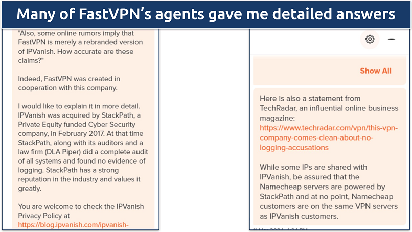 A screenshot showing FastVPN's support team shedding more light on the rebranding rumors from IPVanish