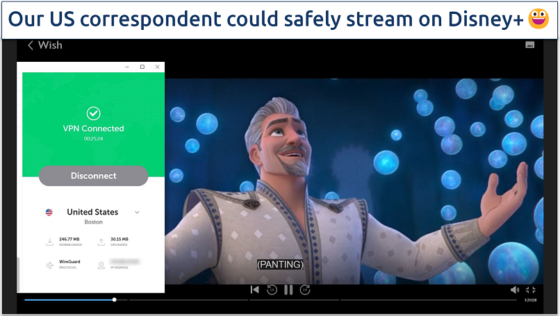A screenshot of Disney+ streaming Wish while connected to FastVPN's US server