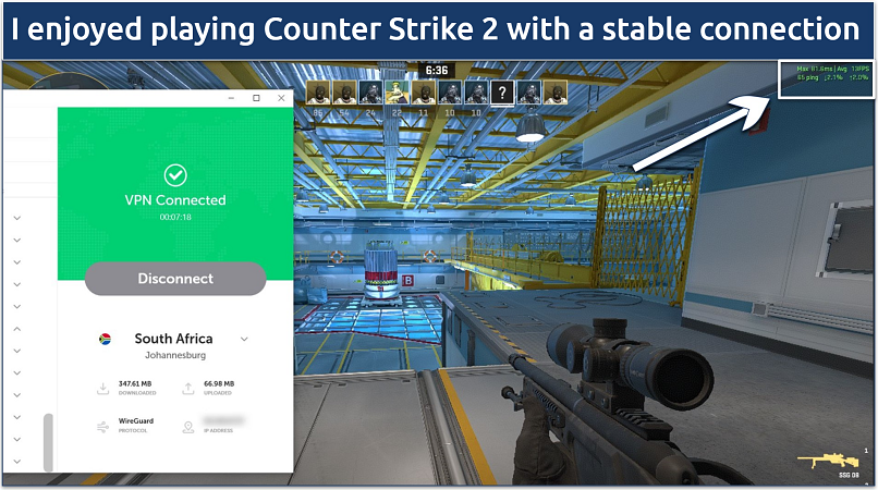 A screenshot showing playing Counter-Strike 2 while connected to the nearest FastVPN server in South Africa.