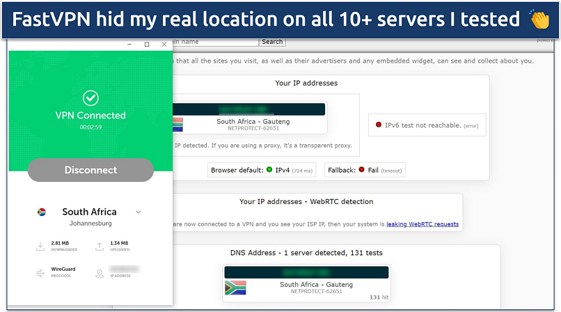 A screenshot showing FastVPN passed DNS, IP leak, and WebRTC tests