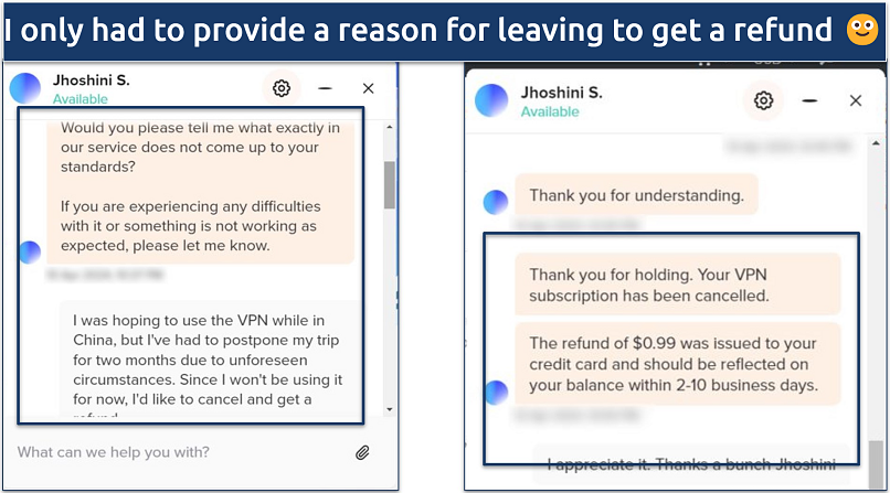 A screenshot showing Namecheap offers refunds on its VPN service