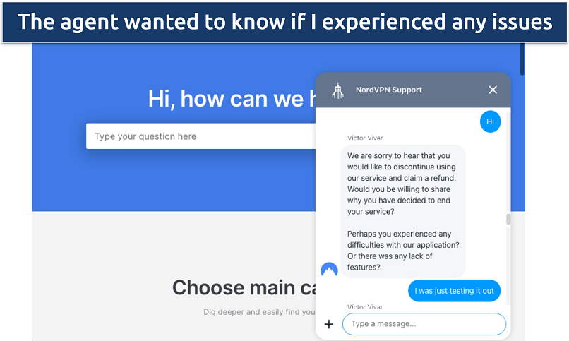 Screenshot of a conversation with NordVPN agent during the refund request