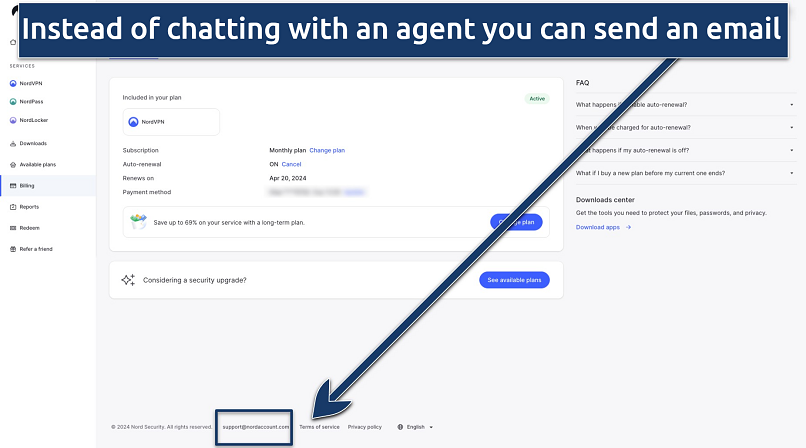 Screenshot of the NordVPN user account and customer support email address