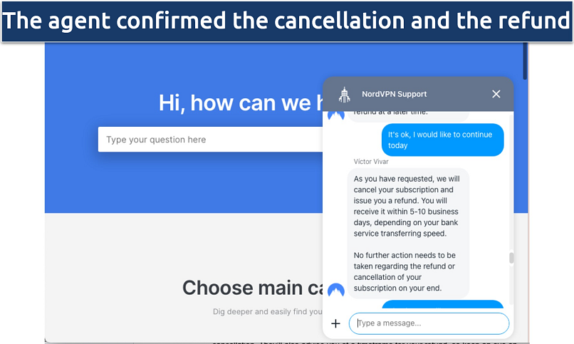 Screenshot of NordVPN refund confirmation in the chatbox