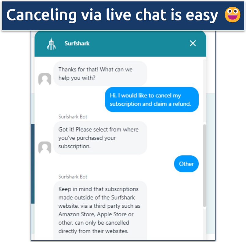 Screenshot showing Surfshark's live chat agent helping you cancel