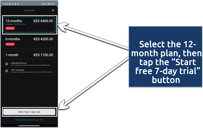 Screenshot showing Surfshark's 3 subscription options, with the 12 month one offer a 7-day free trial