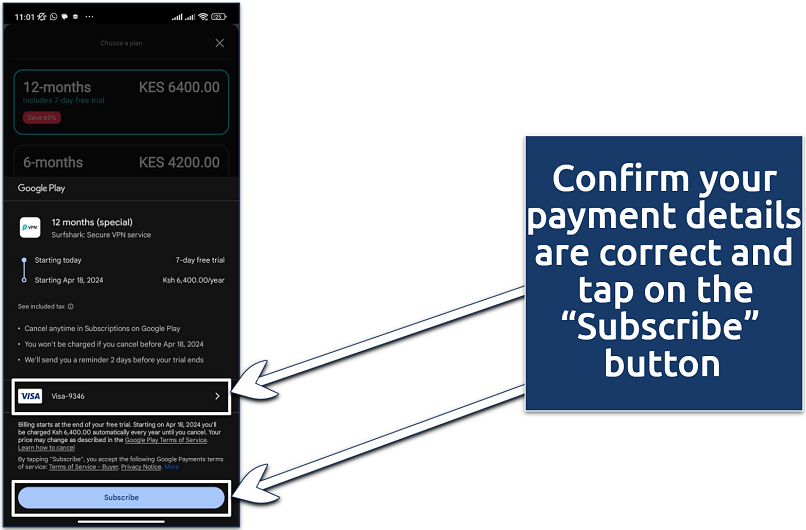 Screenshot showing how to confirm your payment details when downloading the Surfshark app