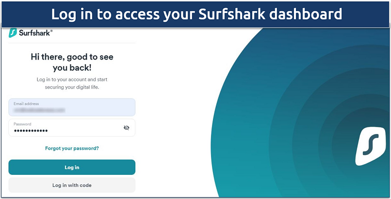 Screenshot showing how to log in to your Surfshark account