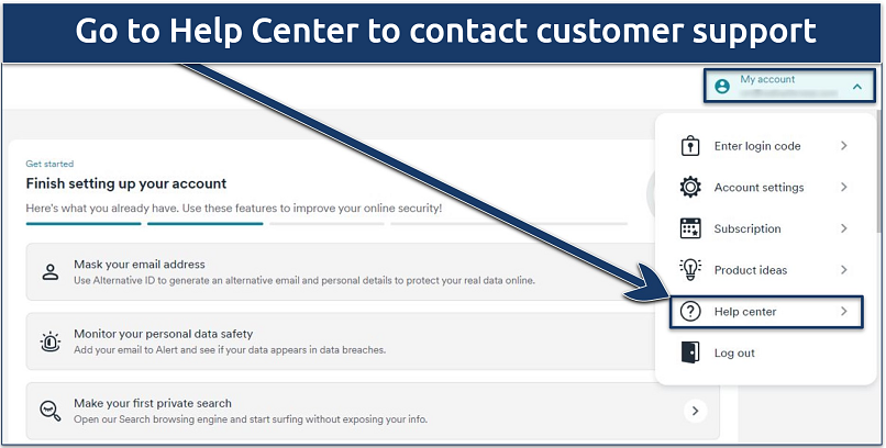 Screenshot showing how to access Surfshark's help centre to cancel your subscription