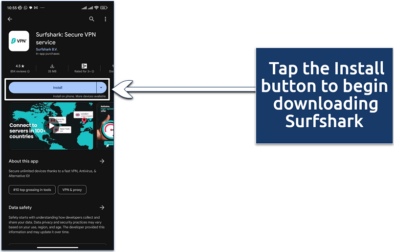 Screenshot showing how to install Surfshark on Android