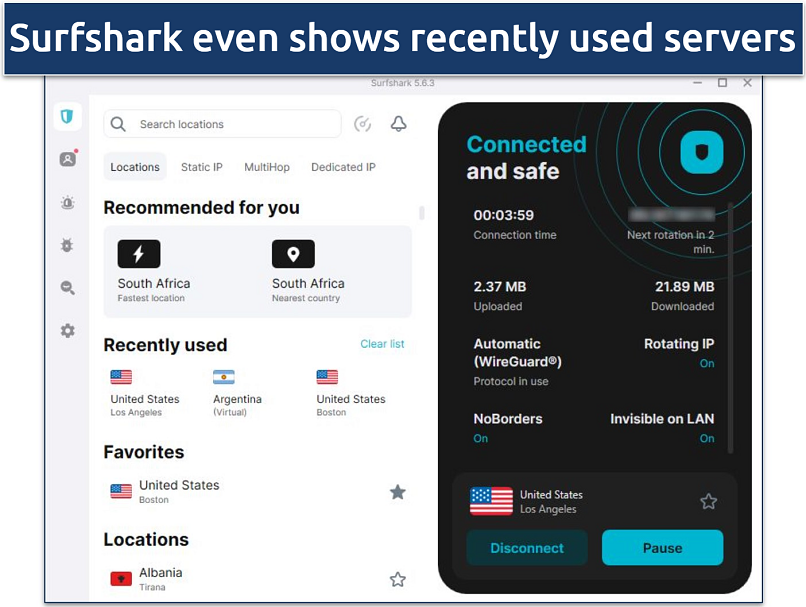 Screenshot showing Surfshark's interface when connected