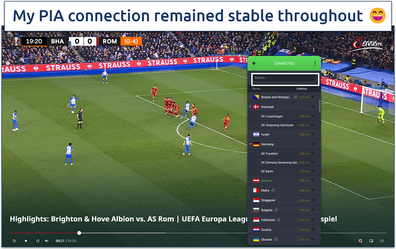 Screenshot showing Europa League highlights playing on Servus TV with PIA connected to the Austria server