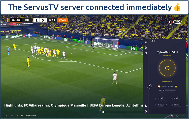 Screenshot showing a Europa League match playing on Servus TV with CyberGhost connected to the Servus TV server