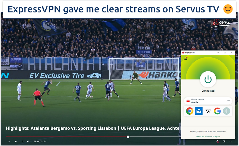 Screenshot showing a Europa League match playing on Servus TV with ExpressVPN connected to the Austria server