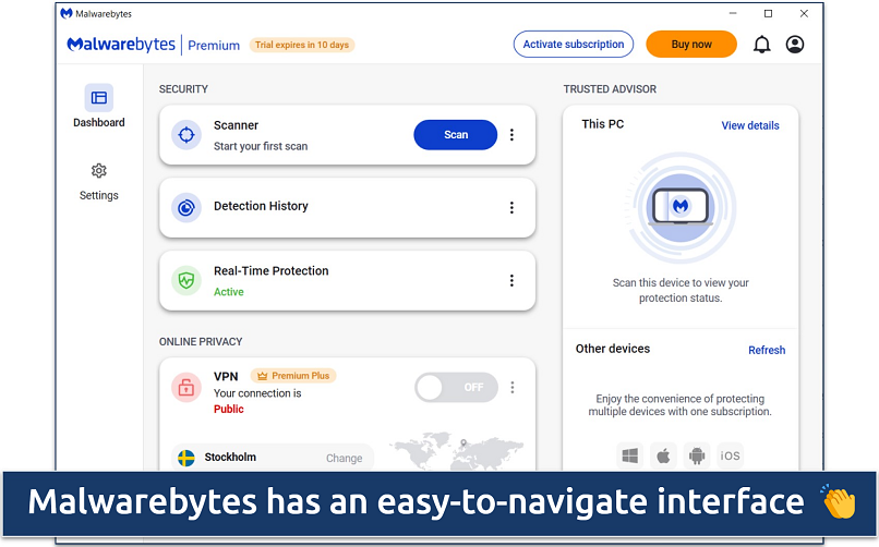 A screenshot showing Malwarebytes' simple and uncluttered interface