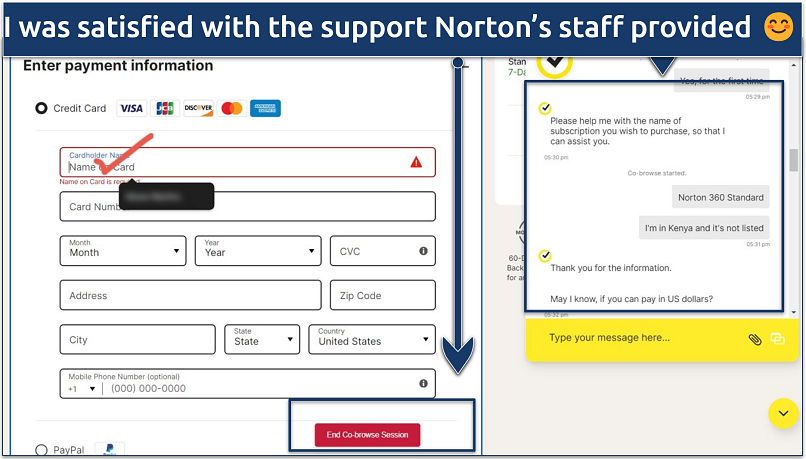A screenshot showing Norton's support team helping set up an account through real-time co-browsing