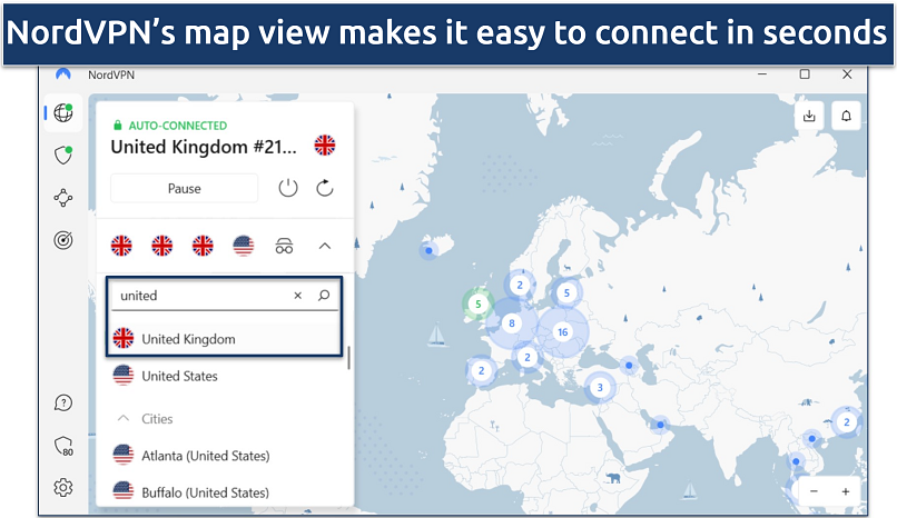 Screenshot of NordVPN's Windows app showing connection to United Kingdom server