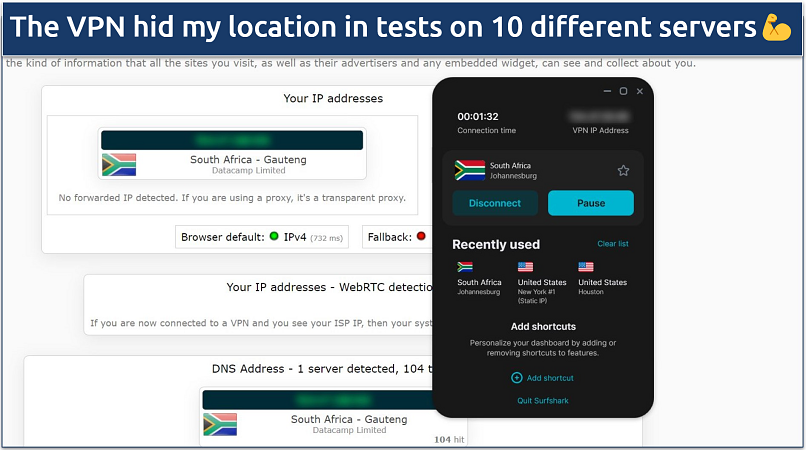 A screenshot showing Surfshark passed DNS, IP leak, and WebRTC tests