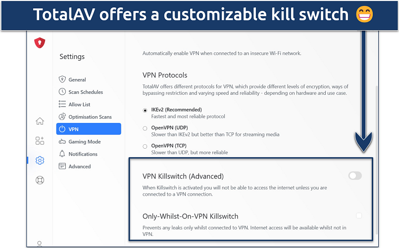 A screenshot showing that TotalAV comes with a customizable kill switch