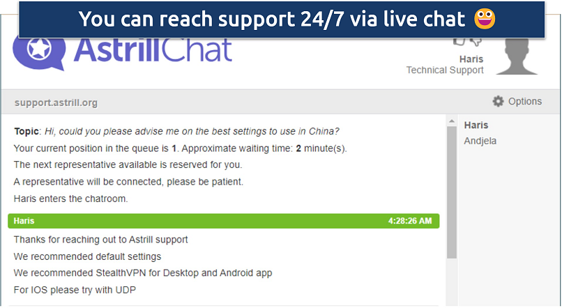 Screenshot of a conversation with Astrill VPN's live chat support regarding the VPN use China