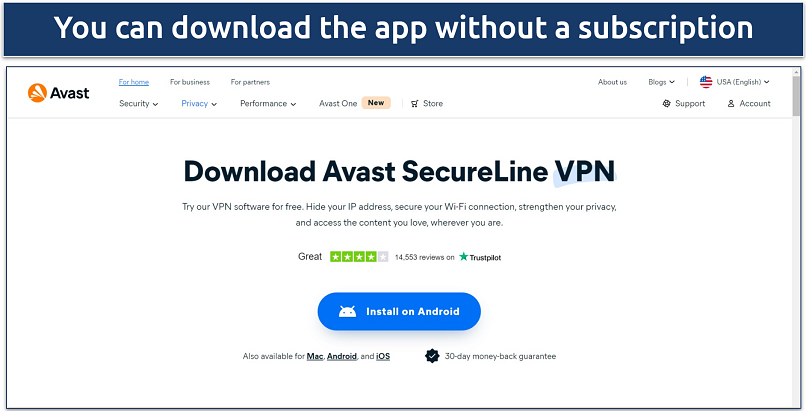 Screenshot of Avast SecureLine VPN's download page 