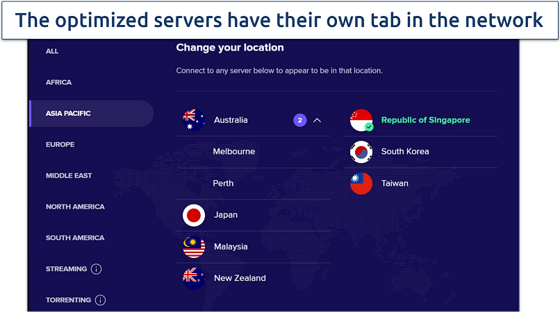 Screenshot of Avast Secureline's Windows app highlighting the server list