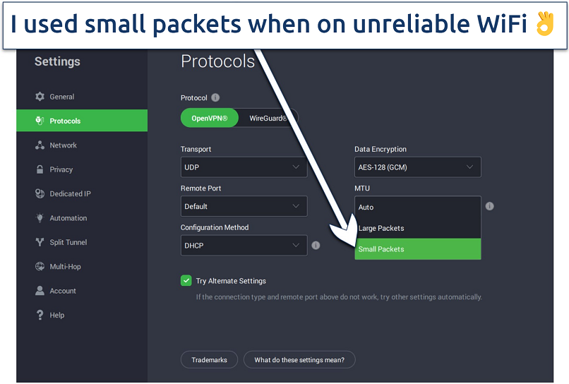 A screenshot of PIA's protocol connection settings