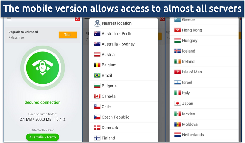 Screenshot of Avira free servers on the Android app