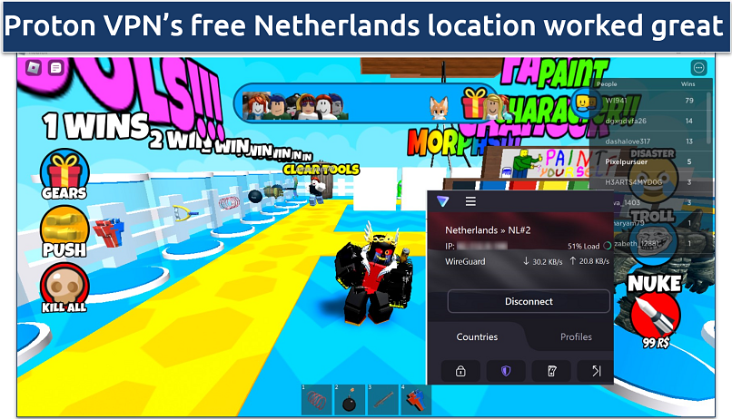 Screenshot of a Roblox gaming session with Proton VPN Netherlands server
