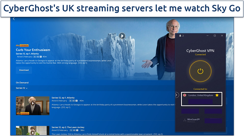 Screenshot of CyberGhost connected to London server on Sky Go