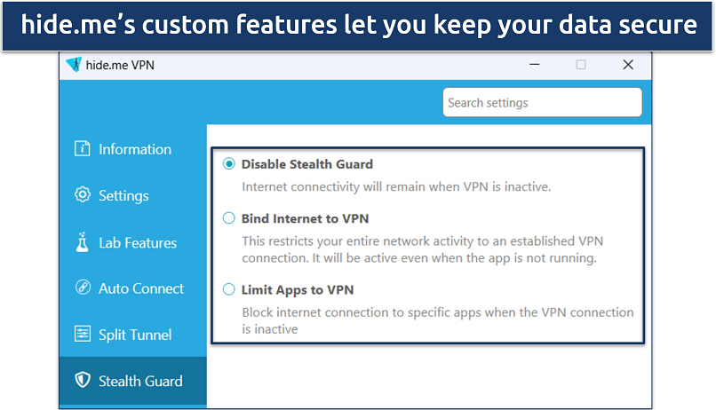 Screenshot of hide.me's StealthGuard feature in Windows app
