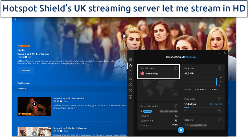 Screenshot of Hotspot Shield's UK streaming server on Sky Go