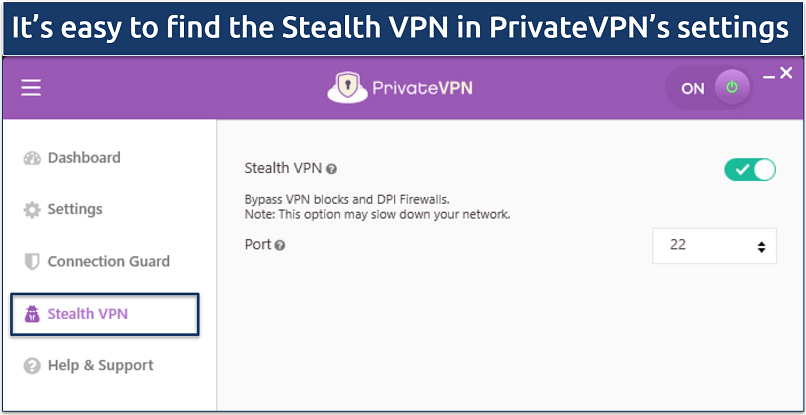 Screenshot of PrivateVPN's Stealth VPN feature
