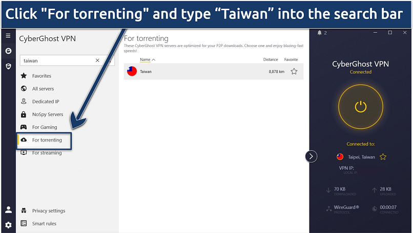 Screenshot of CyberGhost app Torrenting optimized servers, with CyberGhost connected to Taiwan