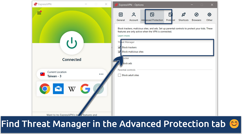 Screenshot of ExpressVPN's settings showing advanced protection settings, with ExpressVPN connected to Taiwan